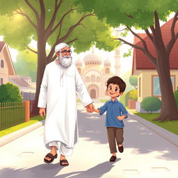 A heartwarming scene depicting a Muslim grandfather wearing a white shalwar qameez, walking hand in hand with a young Muslim boy dressed in a blue shirt