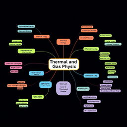 A detailed and colorful mind map illustrating key concepts in thermal and gas physics