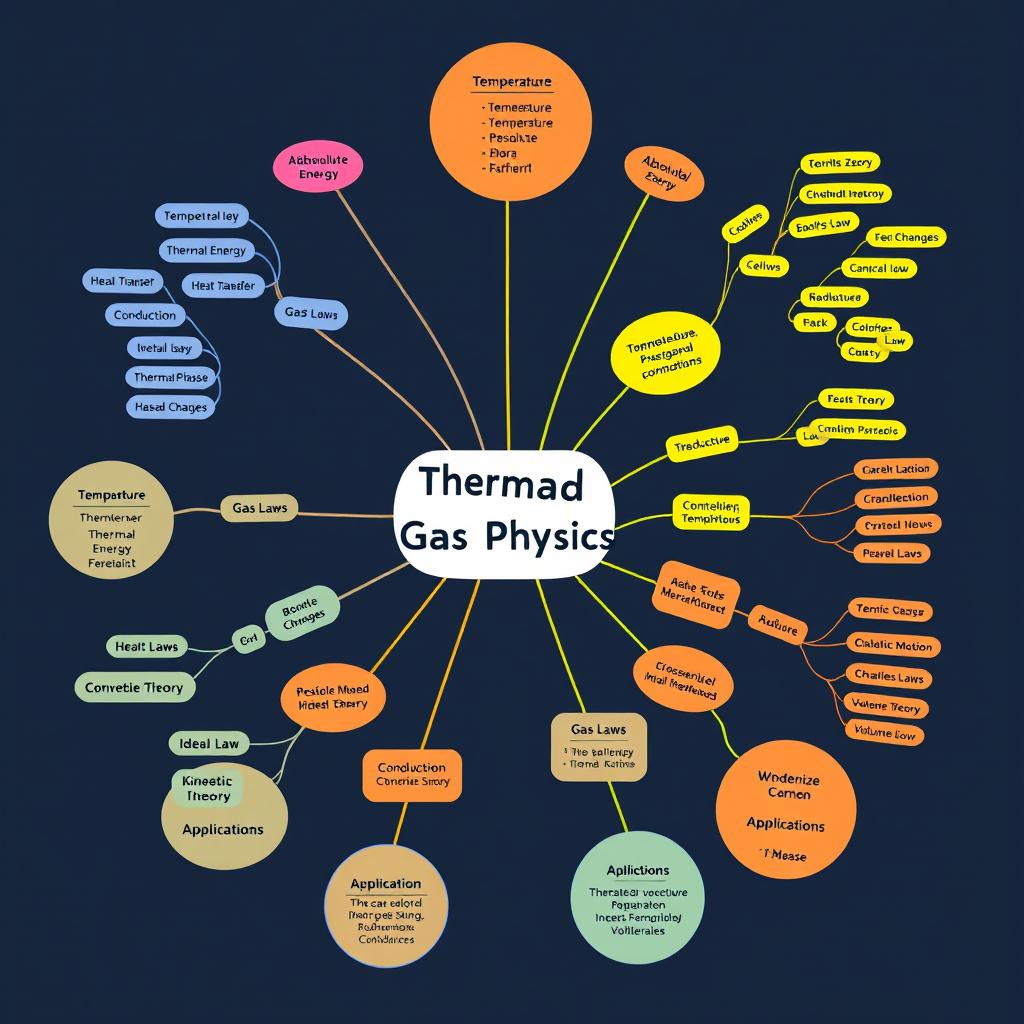 A detailed and colorful mind map illustrating key concepts in thermal and gas physics