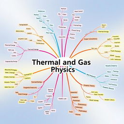 A detailed and colorful mind map illustrating key concepts in thermal and gas physics