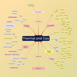 A detailed and colorful mind map illustrating key concepts in thermal and gas physics