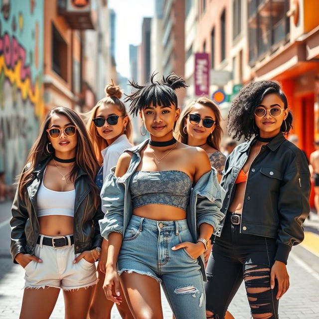 A collection of stylish and fashionable young women in vibrant urban environments, showcasing contemporary clothing trends