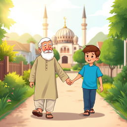 A charming scene depicting a Muslim grandfather wearing a traditional shalwar qameez, walking hand-in-hand with a young Muslim boy dressed in a vibrant blue shirt
