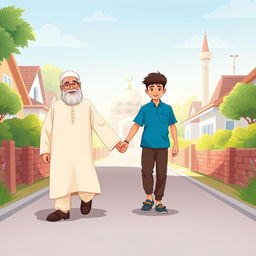 A charming scene depicting a Muslim grandfather wearing a traditional shalwar qameez, walking hand-in-hand with a young Muslim boy dressed in a vibrant blue shirt