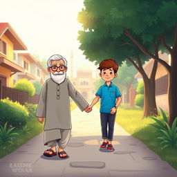 A charming scene depicting a Muslim grandfather wearing a traditional shalwar qameez, walking hand-in-hand with a young Muslim boy dressed in a vibrant blue shirt