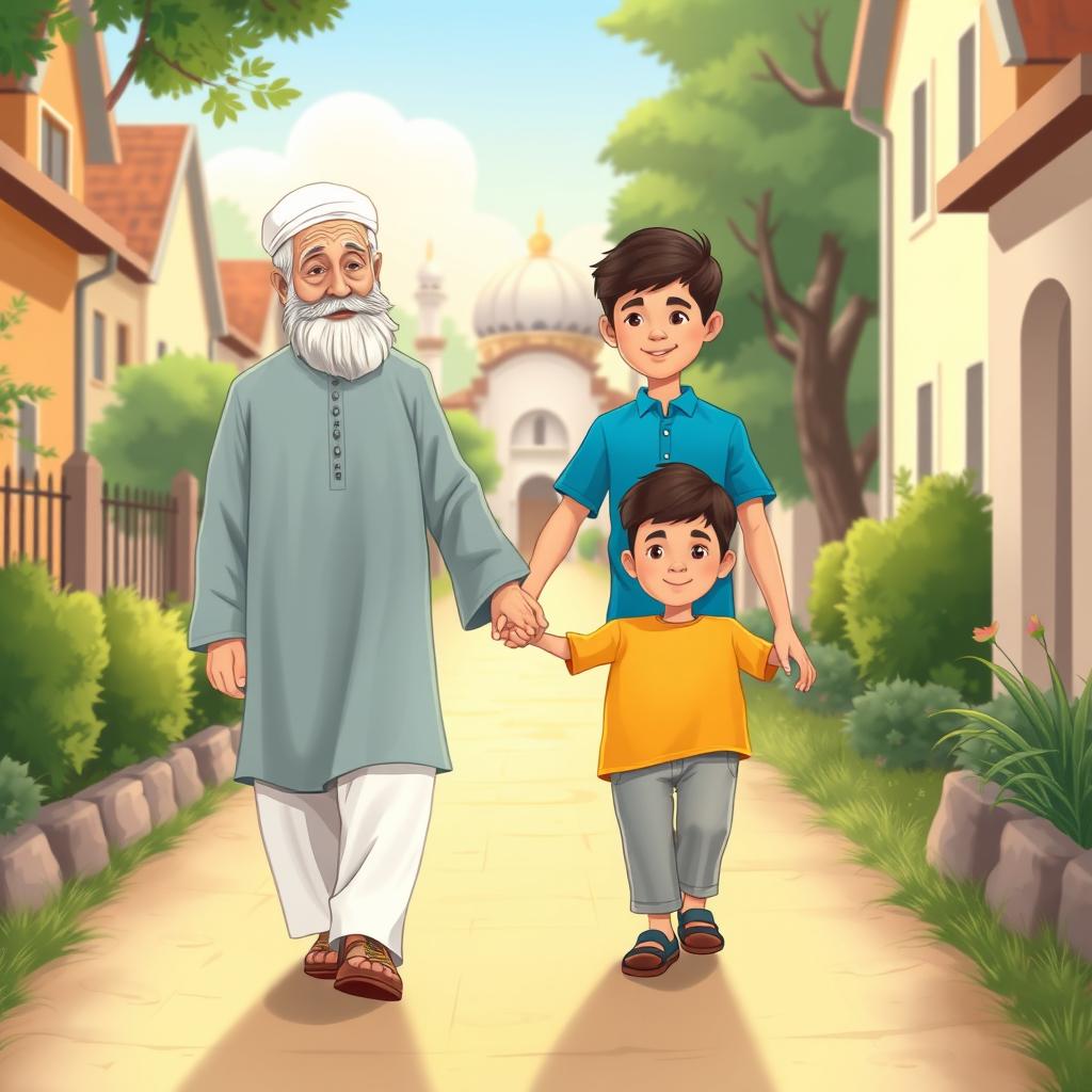 A charming scene depicting a Muslim grandfather wearing a traditional shalwar qameez, walking hand-in-hand with a young Muslim boy dressed in a vibrant blue shirt