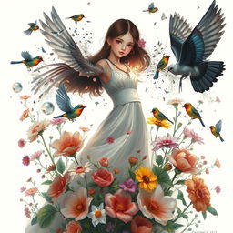 A girl named Nazli, depicted as a stunning figure in a painted world, surrounded by vibrant flowers and chirping nightingales