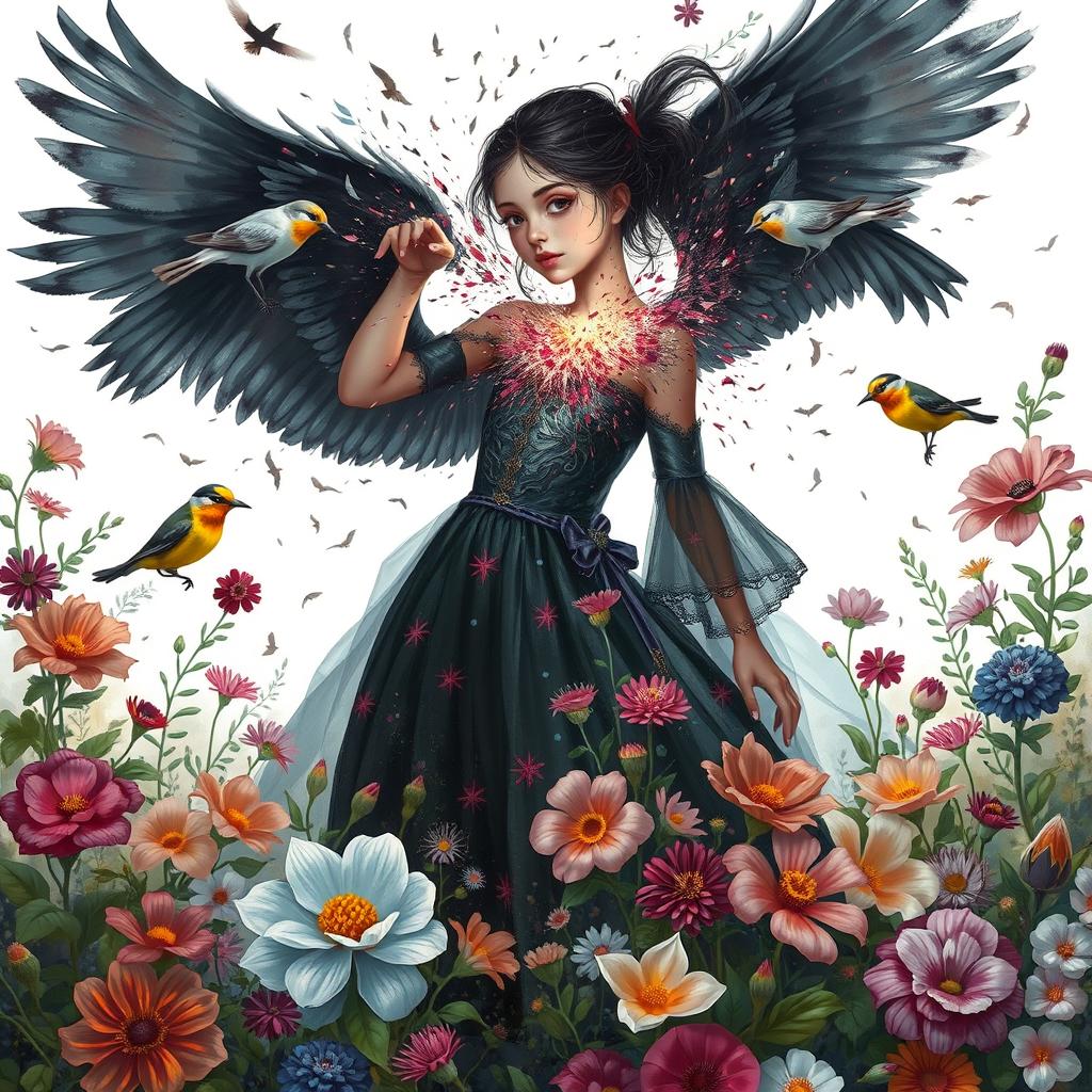 A girl named Nazli, depicted as a stunning figure in a painted world, surrounded by vibrant flowers and chirping nightingales