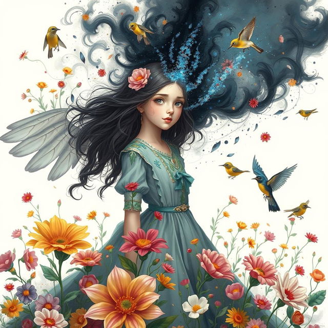 A girl named Nazli, depicted as a stunning figure in a painted world, surrounded by vibrant flowers and chirping nightingales