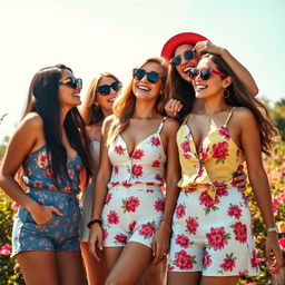 A visually stunning image of stylish, attractive young women in a vibrant outdoor setting, exuding confidence and happiness