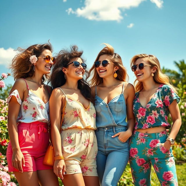 A visually stunning image of stylish, attractive young women in a vibrant outdoor setting, exuding confidence and happiness