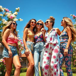 A visually stunning image of stylish, attractive young women in a vibrant outdoor setting, exuding confidence and happiness