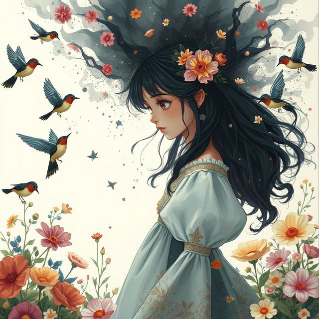 A girl named Nazli, illustrated as a captivating figure within a whimsical painted world, set against a bright white background filled with lush flowers and singing nightingales