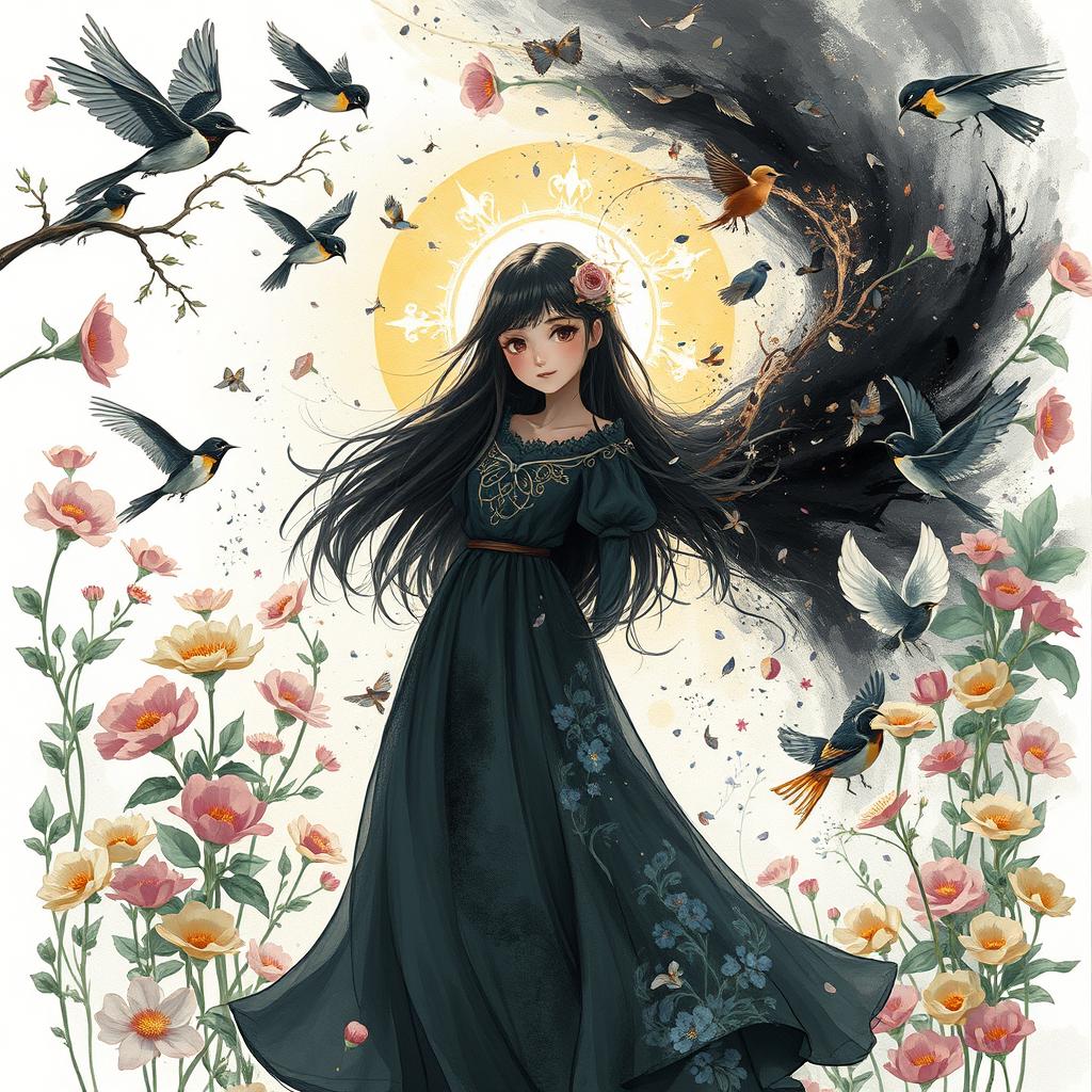 A girl named Nazli, illustrated as a captivating figure within a whimsical painted world, set against a bright white background filled with lush flowers and singing nightingales