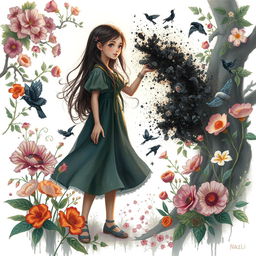 A girl named Nazli, illustrated as a captivating figure within a whimsical painted world, set against a bright white background filled with lush flowers and singing nightingales