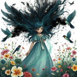 A girl named Nazli, illustrated as a captivating figure within a whimsical painted world, set against a bright white background filled with lush flowers and singing nightingales