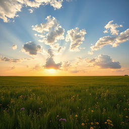 A vast green field stretching to the horizon, dotted with vibrant wildflowers in shades of yellow and purple, under a beautifully painted afternoon sky filled with fluffy white clouds and a warm, golden sunlight casting a soft glow over the landscape