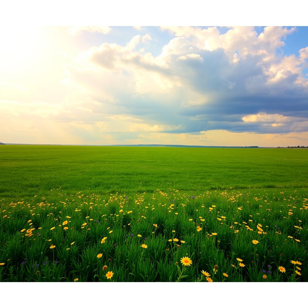 A vast green field stretching to the horizon, dotted with vibrant wildflowers in shades of yellow and purple, under a beautifully painted afternoon sky filled with fluffy white clouds and a warm, golden sunlight casting a soft glow over the landscape