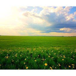 A vast green field stretching to the horizon, dotted with vibrant wildflowers in shades of yellow and purple, under a beautifully painted afternoon sky filled with fluffy white clouds and a warm, golden sunlight casting a soft glow over the landscape