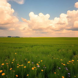 A vast green field stretching to the horizon, dotted with vibrant wildflowers in shades of yellow and purple, under a beautifully painted afternoon sky filled with fluffy white clouds and a warm, golden sunlight casting a soft glow over the landscape