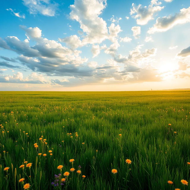 A vast green field stretching to the horizon, dotted with vibrant wildflowers in shades of yellow and purple, under a beautifully painted afternoon sky filled with fluffy white clouds and a warm, golden sunlight casting a soft glow over the landscape