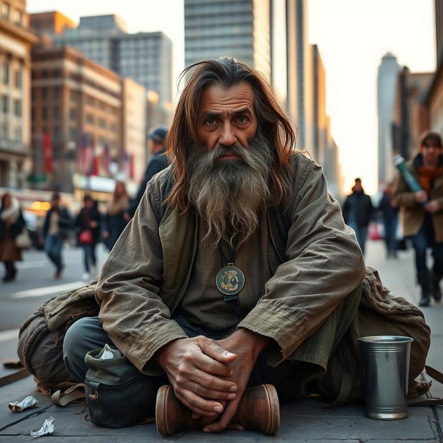 A scene depicting a beggar sitting on a city sidewalk, wearing tattered clothing that is worn and weathered