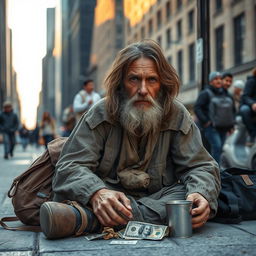 A scene depicting a beggar sitting on a city sidewalk, wearing tattered clothing that is worn and weathered