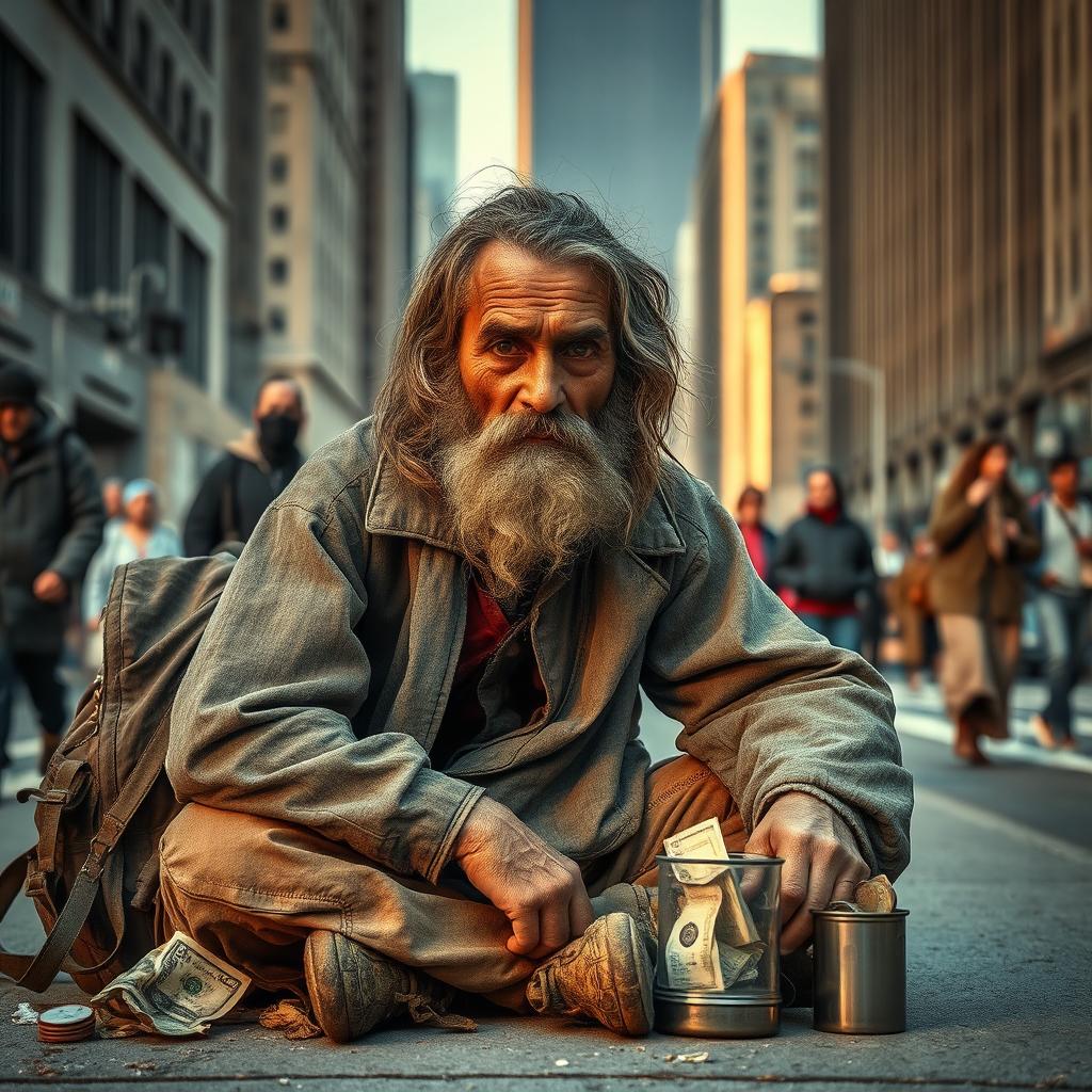 A scene depicting a beggar sitting on a city sidewalk, wearing tattered clothing that is worn and weathered