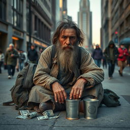 A scene depicting a beggar sitting on a city sidewalk, wearing tattered clothing that is worn and weathered