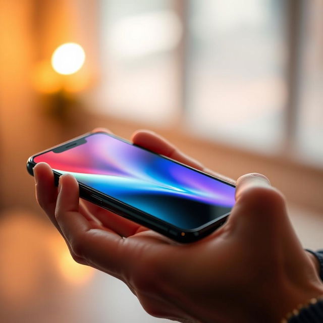 A styled image of a sleek and modern smartphone that resembles the aesthetics of an iPhone, showcasing a polished glass surface, minimalistic design, and a vibrant display