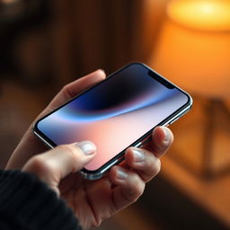 A styled image of a sleek and modern smartphone that resembles the aesthetics of an iPhone, showcasing a polished glass surface, minimalistic design, and a vibrant display