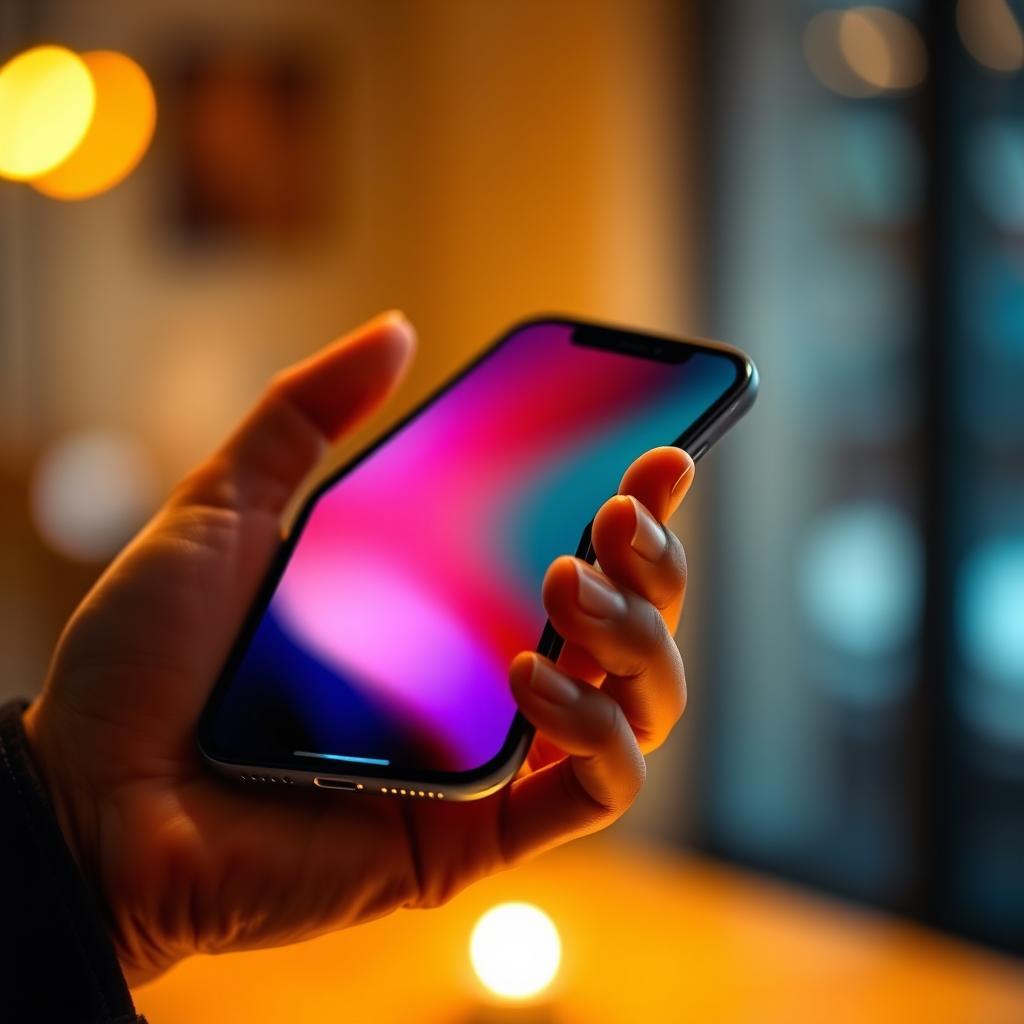 A styled image of a sleek and modern smartphone that resembles the aesthetics of an iPhone, showcasing a polished glass surface, minimalistic design, and a vibrant display