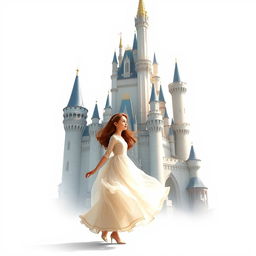 A girl named Nazli standing gracefully beside a magnificent castle, set against a bright white background that emphasizes the ethereal quality of the scene