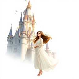 A girl named Nazli standing gracefully beside a magnificent castle, set against a bright white background that emphasizes the ethereal quality of the scene