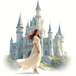 A girl named Nazli standing gracefully beside a magnificent castle, set against a bright white background that emphasizes the ethereal quality of the scene
