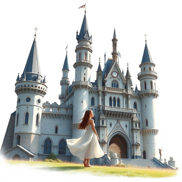 A girl named Nazli standing gracefully beside a magnificent castle, set against a bright white background that emphasizes the ethereal quality of the scene