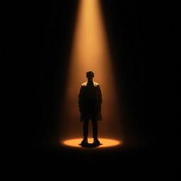 A dramatic scene depicting a figure standing in a spotlight amidst a darkened background