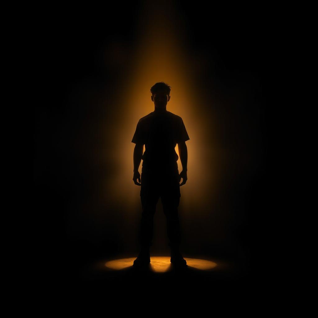 A dramatic scene depicting a figure standing in a spotlight amidst a darkened background