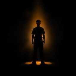A dramatic scene depicting a figure standing in a spotlight amidst a darkened background