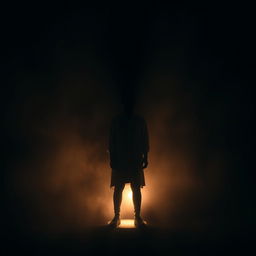 A dramatic scene depicting a figure standing in a spotlight amidst a darkened background