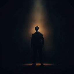 A dramatic scene depicting a figure standing in a spotlight amidst a darkened background