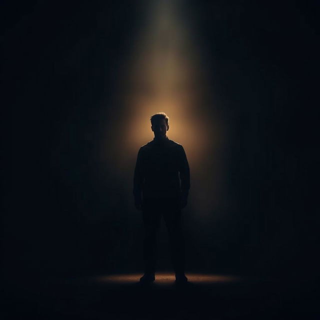 A dramatic scene depicting a figure standing in a spotlight amidst a darkened background