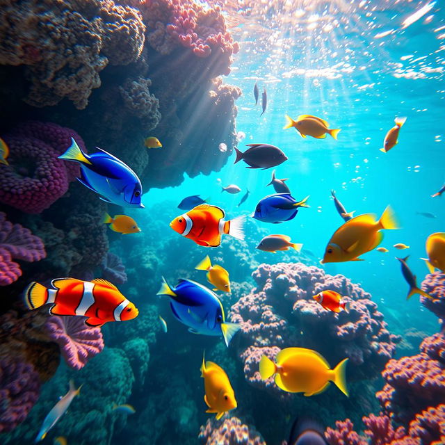 A vibrant underwater scene showcasing a variety of colorful tropical fish swimming gracefully among coral reefs