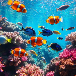 A vibrant underwater scene showcasing a variety of colorful tropical fish swimming gracefully among coral reefs