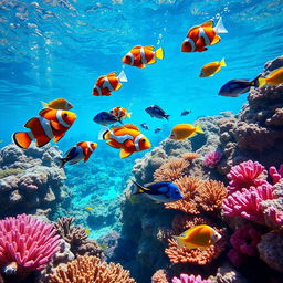 A vibrant underwater scene showcasing a variety of colorful tropical fish swimming gracefully among coral reefs