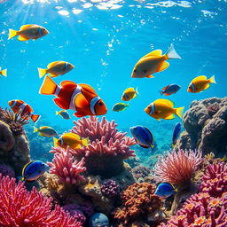 A vibrant underwater scene showcasing a variety of colorful tropical fish swimming gracefully among coral reefs