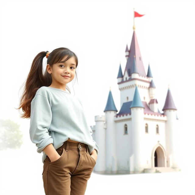 A girl named Nazli standing casually next to a charming castle, with a bright white background that enhances the simplicity and beauty of the scene