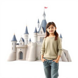 A girl named Nazli standing casually next to a charming castle, with a bright white background that enhances the simplicity and beauty of the scene