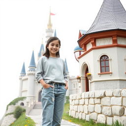 A girl named Nazli standing casually next to a charming castle, with a bright white background that enhances the simplicity and beauty of the scene