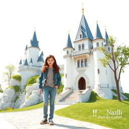 A girl named Nazli standing casually next to a charming castle, with a bright white background that enhances the simplicity and beauty of the scene